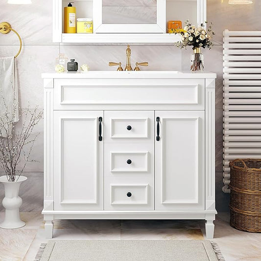 Merax 36” Bathroom Vanity with Sink, Freestanding Single Bathroom Sink Vanity Cabinet Set with 36” Countertop & Integrated Sink, 2 Doors & 2 Drawers (Sink Cabinet Only, White)