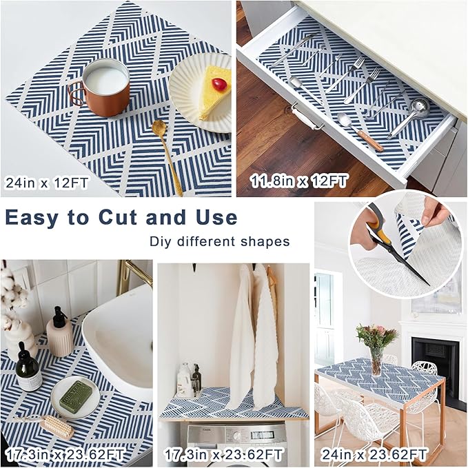 Shelf Liners for Kitchen Cabinets Non-adhesive, 24inx23.62FT Drawer Liner Non Slip Shelf Paper, Waterproof Easy to Clean Surface, Thicken Strong Grip for Pantry Cupboard Dresser Mat,Blue Stripe