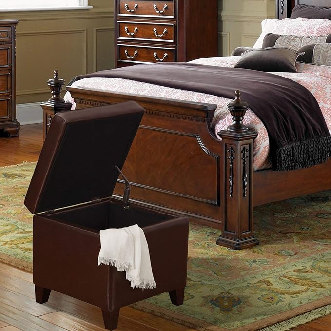 Adeco Bonded Leather Square Tufted Footstool, 18", Brown Storage Ottomans,