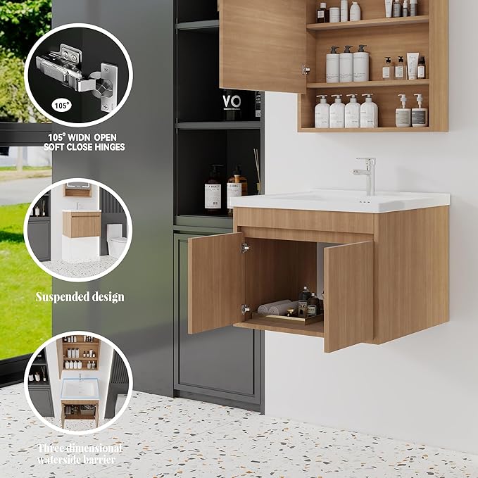 24'' Bathroom Vanity with Ceramic Sink Combo, Wall Mounted Small Bathroom Vanity with Soft-Close Door Modern Floating Cabinet, Pop-up Drain, P-Trap Included, Walnut(No Faucet)
