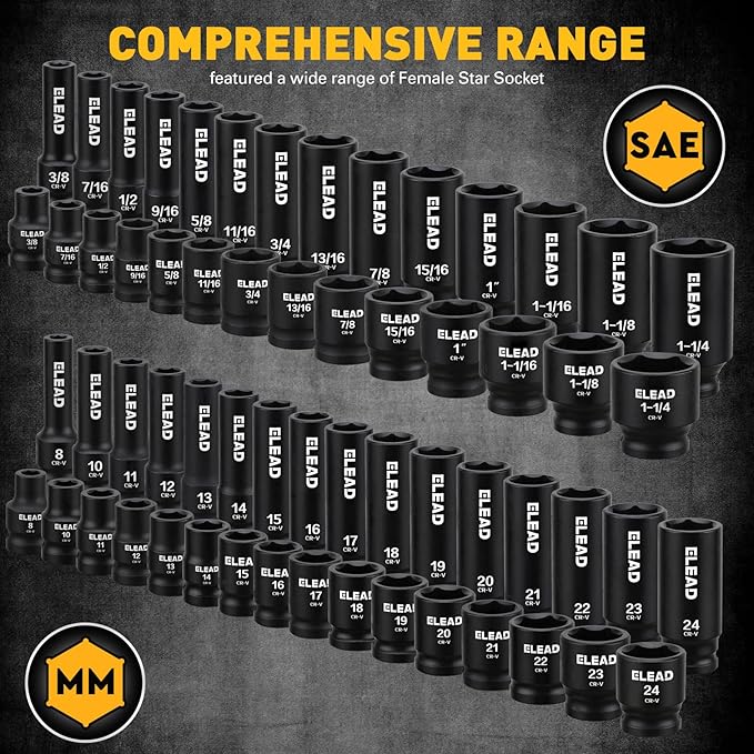 ELEAD 67 Piece 1/2" Drive Deep Impact Socket Set: Standard SAE (3/8"-1-1/4") & Metric (8-24 mm), Including 3 ", 5", 10" Extension Bar, Universal Joint, Ratchet Handle and Adapter