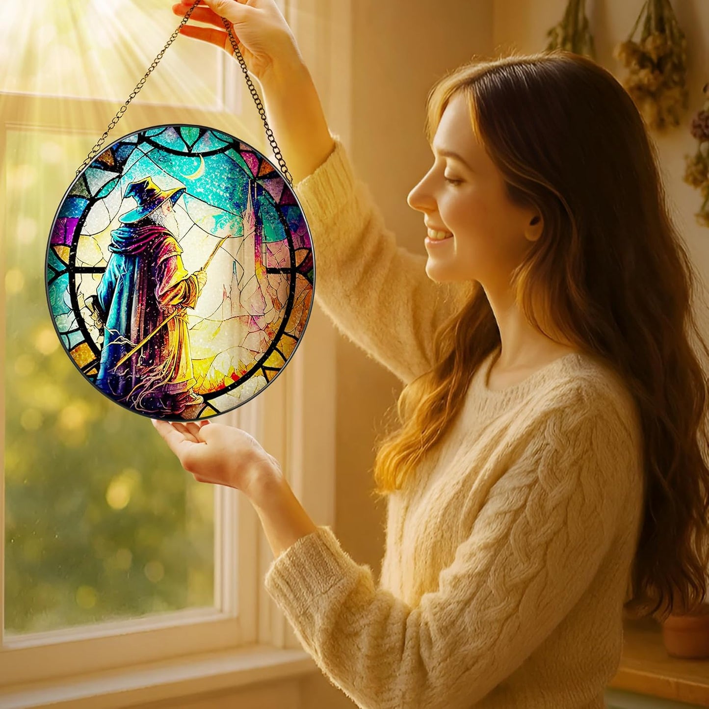 Stained Glass Window Hanging, LAOWEIKI 8'' Witch Suncatcher, Stained Glass Ornament, Suncatchers for Windows Hanging, Window Decor, Outdoor or Indoor, Gifts for Friends