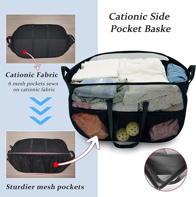 100L Extra Large Mesh Pop Up Hamper with Handles and bag,Upgraded Cationic XL Collapsible Laundry Baskets, Portable Stair Basket, Dirty Clothes Hamper for Cruise Travel Bedroom. Black