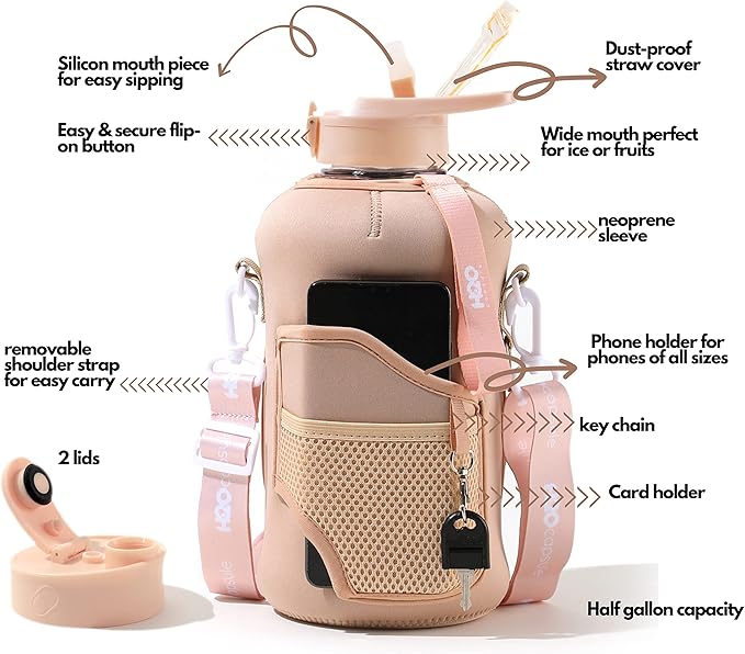 H2O Capsule 2.2L Half Gallon Water Bottle with Storage Sleeve and Removable Straw – BPA Free Large Reusable Drink Container with Handle - Big Sports Jug, 2.2 Liter (74 Ounce), Sandy Beige