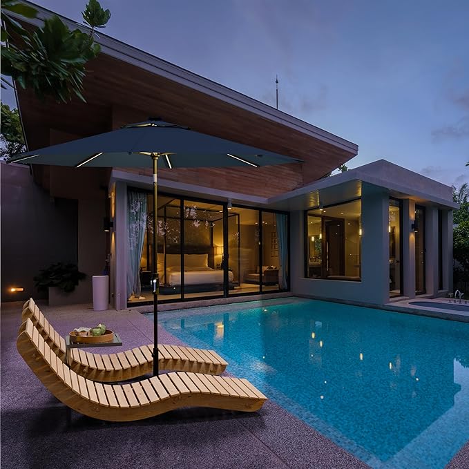 Midtown Umbrellas Led Swilt Sunbrella Umbrella 9 Ft Patio Umbrella With Sunbrella Canvas Natural Acrylic Fabric - Deck Patio Umbrella, Backyard Umbrella, Garden Umbrella & Pool Umbrella - Black Pole