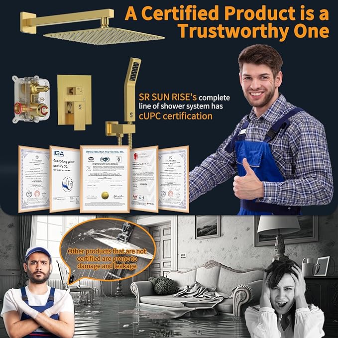 SR SUN RISE 12 Inches Bathroom Luxury Rain Mixer Shower Combo Set Wall Mounted Rainfall Shower Head System Brushed Nickel Finish Shower Faucet Rough-In (12 Inch, Brushed Gold)