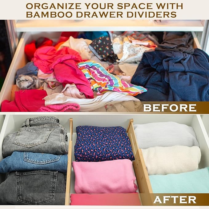 4 Pcs Deep Drawer Dividers for Clothes Adjustable 5" High Expandable from 15"-22" Bamboo Drawer Wooden Separators Spring Loaded for Dresser Baby Clothes Kitchen Office Storage