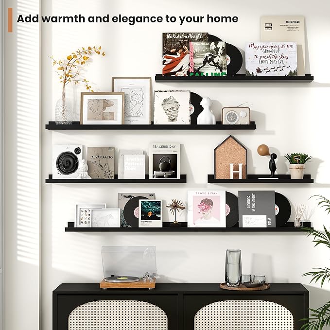 Fun Memories Picture Ledge Shelves Set of 2, 55 Inch Rustic Wall Mounted Floating Shelves with Lip for Home Storage and Décor in Bathroom, Kitchen, Nursery, Bedroom, Living Room, Black