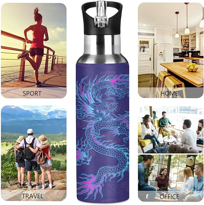 Blueangle 20oz Purple Chinese Dragon Water Bottle, BPA Free Stainless Steel Water Bottle Leak-Proof Sports Bottle for Camping Workouts Gym and Outdoor Activity