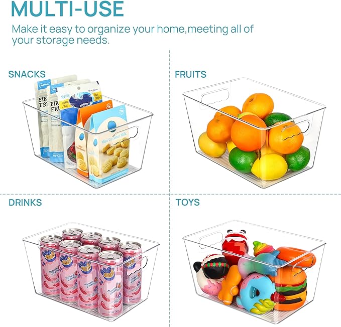 Vtopmart Clear Plastic Pantry Organizer Bins, 6 PCS Food Storage Bins with Handle for Refrigerator, Fridge, Cabinet, Kitchen, Countertops, Cupboard, Freezer Organization and Storage, BPA Free, Large