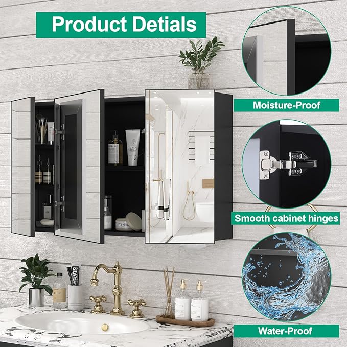 40 x 24 Farmhouse Medicine Cabinet, Tempered Frameless Bathroom Mirror with Storage, Black Recessed or Surface Mount Aluminum Medicine Cabinet for Bathroom Modern-Large