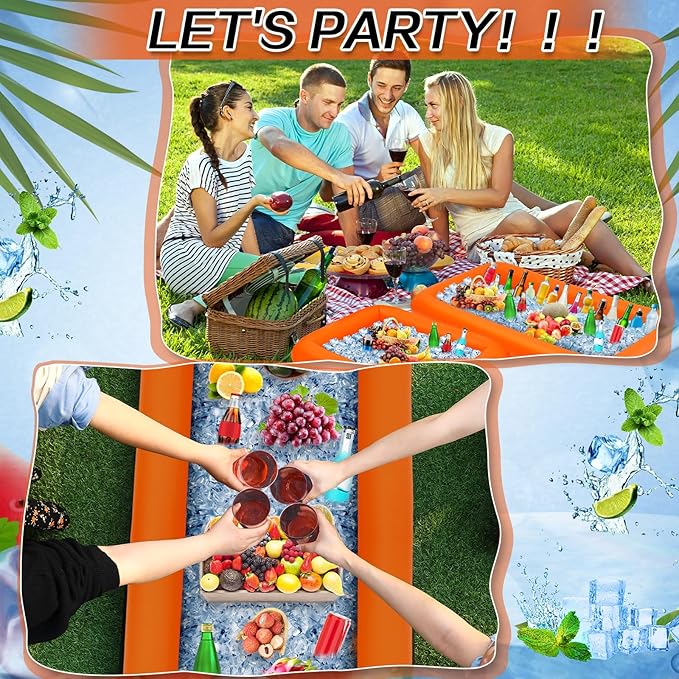 Leitee 4 Pcs Inflatable Ice Serving Bars Buffet Serving Tray Drink Cooler for Pool Party Inflatable Ice Tray Floating Food Drink Containers with Drain Plug and a Hand Pump, 2 Sizes (Orange)