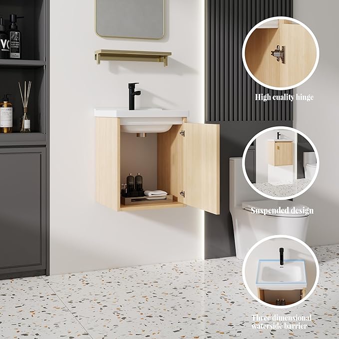 16'' Bathroom Vanity with Ceramic Sink Combo, Wall Mounted Small Bathroom Vanity with Soft-Close Door Modern Floating Cabinet, Pop-up Drain, P-Trap Included, Walnut(No Faucet)