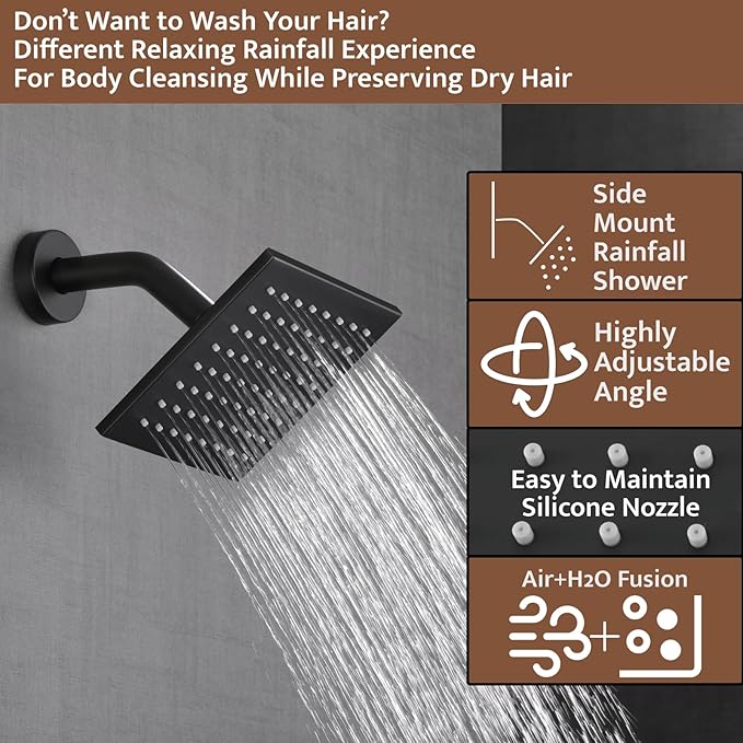 Thermostatic Shower System Matte Black, Push Button Diverter Shower Faucet with 2 in 1 Handheld, Ceiling Mount 12 Inch Shower Head with 6 Inch Wall Mount Shower Head