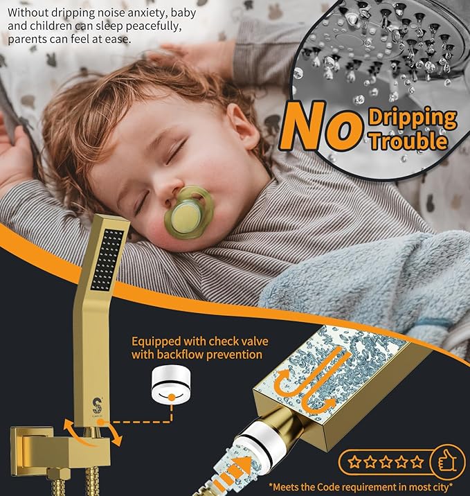 SR SUN RISE 12 Inches Bathroom Luxury Rain Mixer Shower Combo Set Wall Mounted Rainfall Shower Head System Brushed Nickel Finish Shower Faucet Rough-In (12 Inch, Brushed Gold)