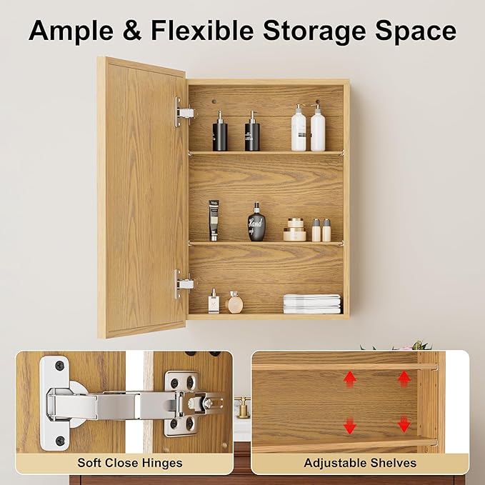 16x24 Inch Wooden Medicine Cabinet with Mirror, Surface or Recessed Mounted Bathroom Cabinets with Door, Adjustable Tempered Glass Shelves, Soft-Close Hinge, Wall Storage, Oak Wood Frame