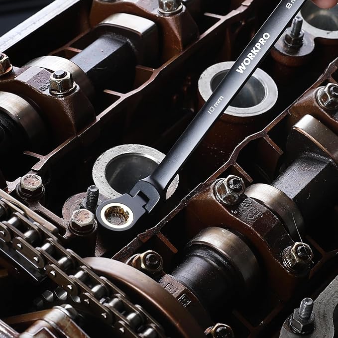 WORKPRO Extra Long Flex-Head Ratcheting Wrench Set, 5-piece Anti-Slip Double Box Wrenches Set, Metric 8-19 mm, 72-Teeth, Cr-V Steel and Black Electrophoretic Coating Wrenches with Rolling Pouch