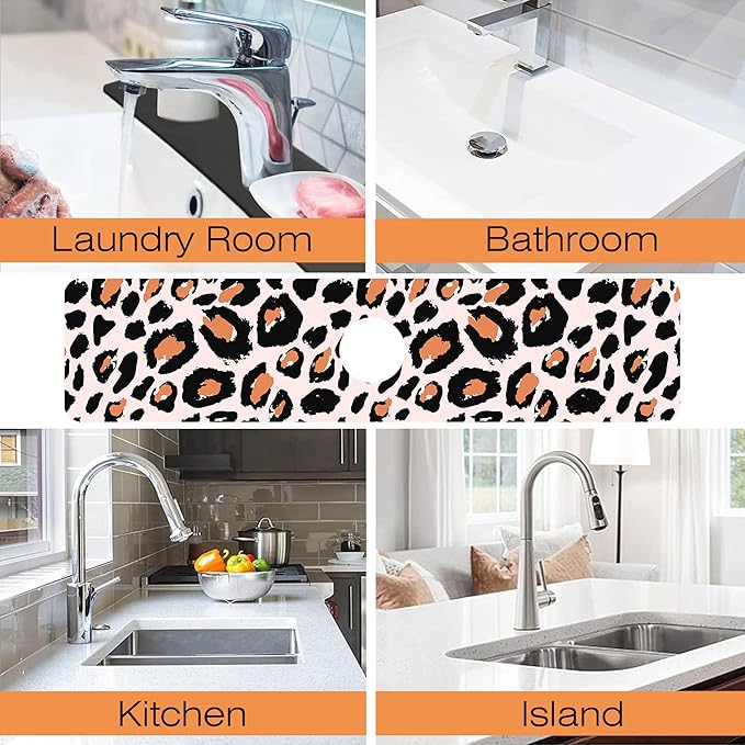 Kitchen Sink Splash Guard Faucet Mat Leopard Rosettes Sink Splash Guard Behind Faucet,1 PC Soft Diatom Mud Non-Slip Mat -for Kitchen,Sink Mat,Dish Drying Mat,Bathroom Faucet Mat 23.5"X5.5"