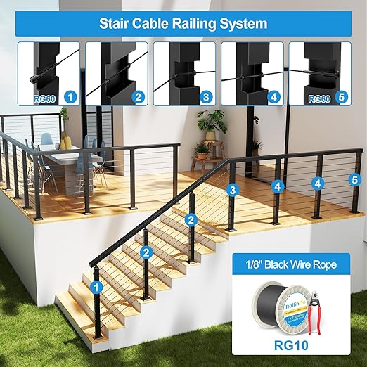 500FT 1/8" Wire Rope with Cutter, 316 Stainless Steel Wire Cable for Deck Stair Railing, 7x7 Strands Marine Grade Aircraft Cable, 1850lbs Breaking Strength, Black Cable Railing Kits, RG10