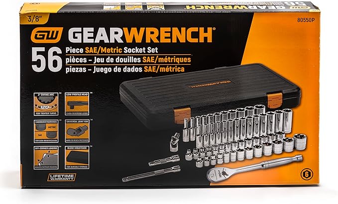 GEARWRENCH56 Pc. 3/8" Drive 6 Pt. 120XP Mechanics Tool Set, Standard & Deep, SAE/Metric - 80550P
