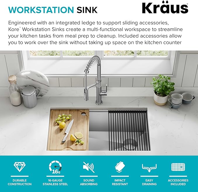 KRAUS Kore 32-Inch Undermount Workstation 16 Gauge Single Bowl Stainless Steel Kitchen Sink with Accessories, KWU110-32