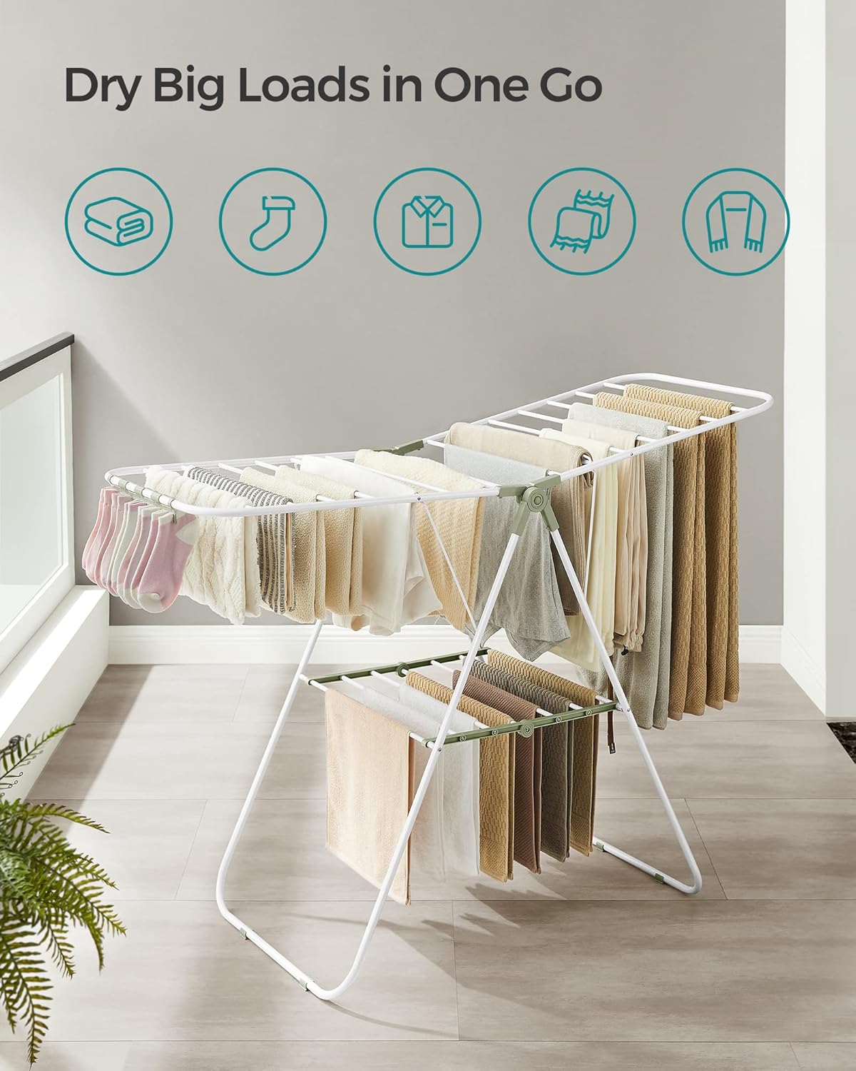 SONGMICS Clothes Drying Rack, with Sock Clips, Metal Laundry Rack, Foldable, Space-Saving, Free-Standing Airer, with 2 Height-Adjustable Gullwings, Indoor Outdoor Use, White and Green ULLR052C01