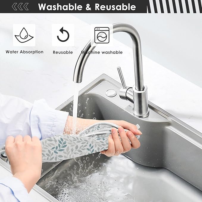 Gray and Blue Leaves Branches Faucet Water Catcher Mat 2 Pack Botanical Herbs Flowers Drying Mat Absorbent Bathroom Faucet Handle Drip Catcher Tray Bar RV Kitchen Sink Splash Guard 23x5 Inches