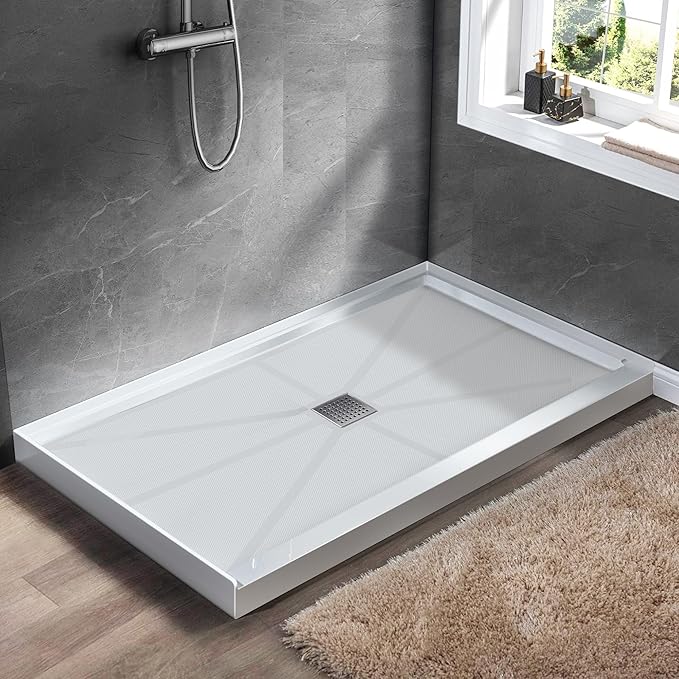 Shower Base 48"×32"×4", Single Threshold Shower Tray with Center Drain, Rectangle SMC Shower Pan, White Slip Resistant Textured Surface Shower Base for Bathroom