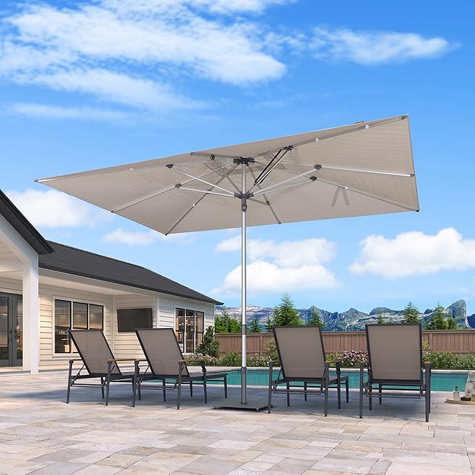 PURPLE LEAF 9 X 12 FT Semi-Auto Outdoor Patio Umbrella Market Table Sun Umbrellas with 8 Aluminum Sturdy Ribs for Backyard Deck Garden Pool (Silver Pole Beige Canopy)