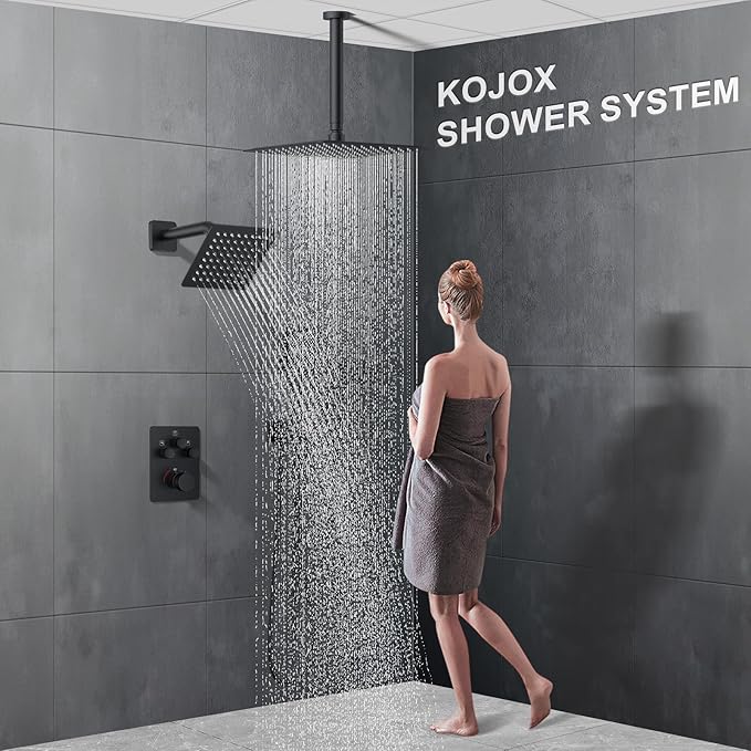 KOJOX Matte Black Thermostatic Shower System, Push Button Diverter Shower Faucet Set with 12" Ceiling Mount Rain Shower, 6" Wall Mount Shower Head, and 4-in-1 Handheld Spray