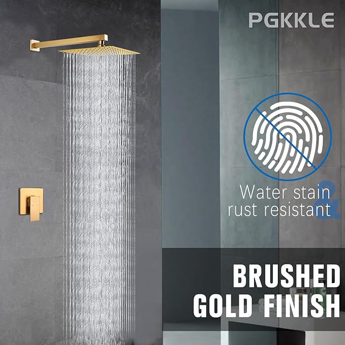10 Inch Rainfall Shower Faucet Single Function Shower Trim Kit with Rough-in Valve Shower Set Square Stainless Steel Metal Touch-Clean Shower Head Brushed Gold