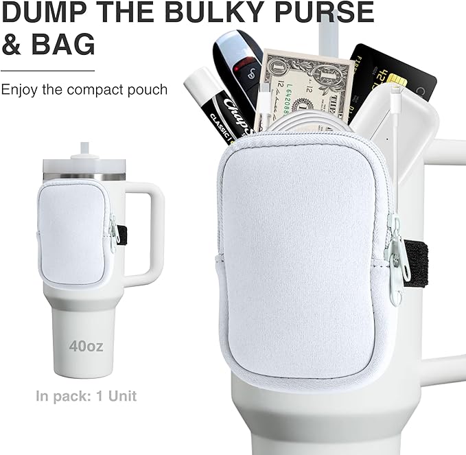 Water Bottle Pouch for Stanley Cups with 20oz 30oz 40oz Stanley Quencher Adventure & Stanley IceFlow, Gym Accessories for Women Tumbler Pouch with Strap & Zipper Cup Purse for Card Keys (White, Small)