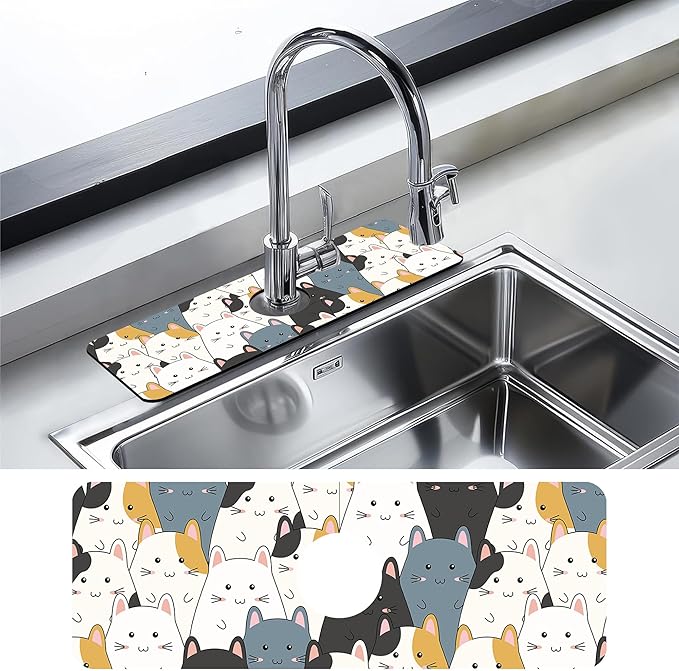 Kitchen Faucet Mat Cute Cartoon Kitten Family Kitchen Sink Splash Guard Faucet Mat,1 PC Splash Guard Behind Faucet Drip Catcher for Kitchen,Dish Drying Mat,Bathroom Faucet Mat 15.5""X5.5""