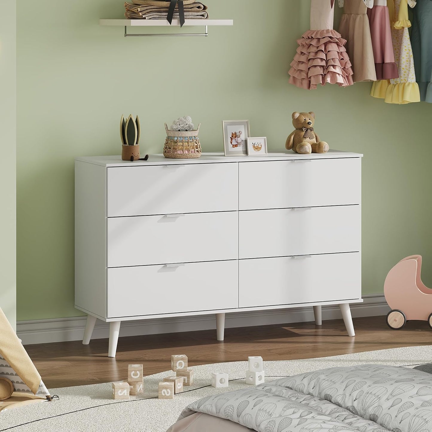 WLIVE 6 Drawer Dresser for Bedroom, 47.24'' Wide Wood White Dresser, Storage Organizer with Sturdy Metal Handle, TV Stand for 55 inch TV, Chest of Drawers for Living Room, Hallway, Closet