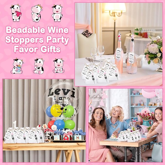 Gisafai 24 Set Cow Beadable Wine Stoppers Thank You Wedding Favors for Guests Decorative Beaded Wine Bottle Stopper with Cow Beads Organza Bag Tag for Wedding Cow Party Favor Baby Shower Gifts