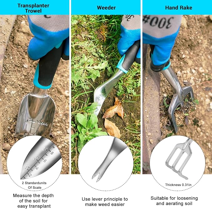 Garden Tool Set with Non Slip Rubber Grip,11 Piece Stainless Steel Gardening Tool Sets,Heavy Duty Outdoor Hand Tools Kit,Durable Tote Bag,Repotting mat,Uprooting Weeding Tool,Ideal Gifts for Women Men