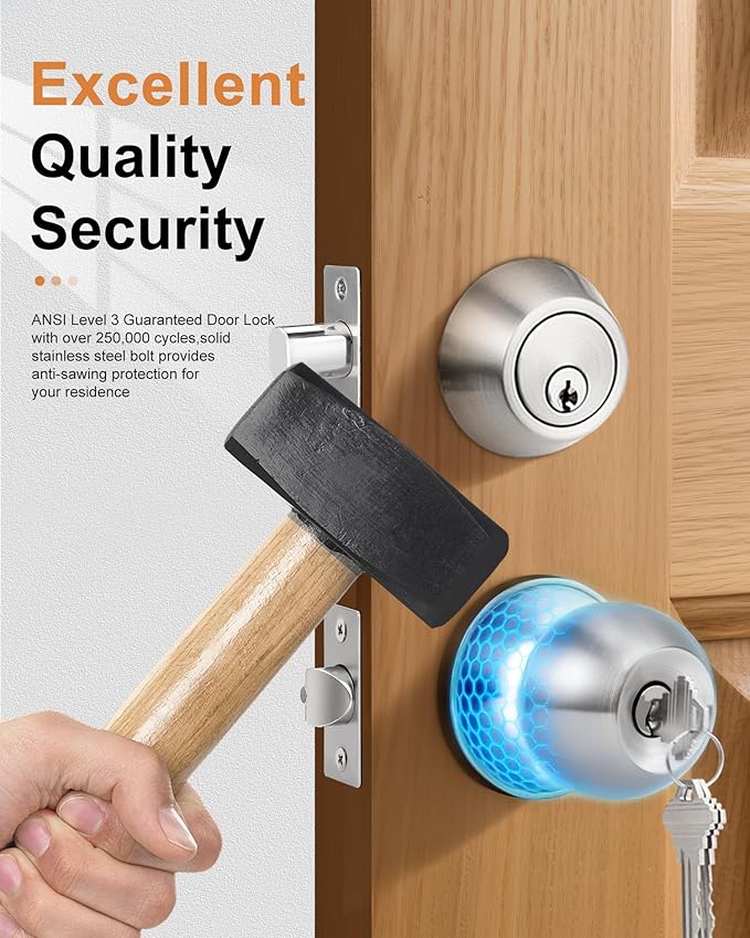 Probrico 5 Sets-Keyed Alike Entry Door Knob with Single Cylinder Deadbolts, Keyed Handleset for Front Door Exterior and Interior Hardware, Entry Lockset Lever Set Satin Nickel, Contractor Pack