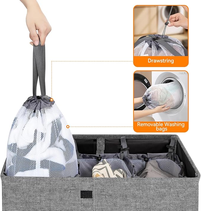 WOWLIVE Laundry Hamper with Lid,180L Large Laundry Basket 3 Section with Removable Washing Bags,Collapsible Waterproof Dirty Clothes Hamper for Laundry Room Bathroom Dorm,Gray