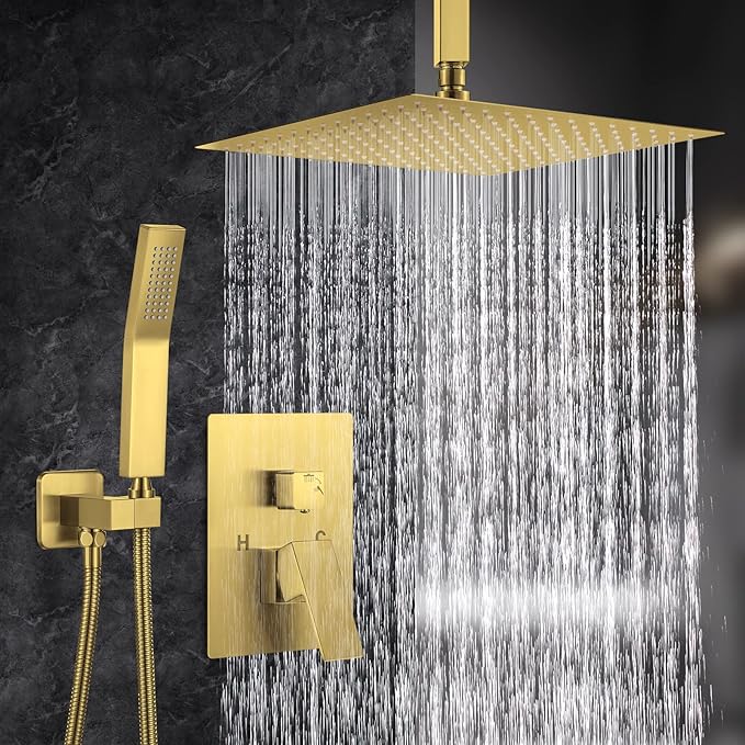 NERDON Shower System, 12 Inch Brushed Gold High Pressure Shower Head with Rain Handheld Combo Set, Ceiling Mounted Dual Shower Head System, Bathroom Shower Faucet Set Rough-in Valve Body and Trim