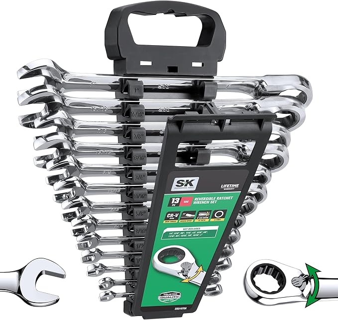 SK Reversible Ratcheting Wrench Set, Combination Wrench Set, 13-Piece, SAE 1/4" to 1", 72-Tooth, Premium CR-V Construction, with Rack Organizer