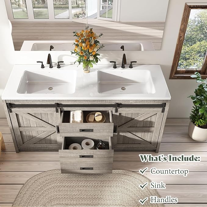 60" Farmhouse Bathroom Double Vanity Sliding Barn Door with Sink Combo, Bathroom Vanity Cabinet with Drawers & Metal Handles, Freestanding, Gray