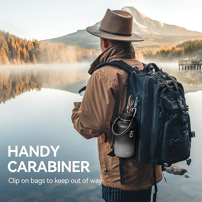 Trebo Water Bottle 64oz with Paracord Handle, Half Gallon Food-grade Double Wall Vacuum Stainless Steel Insulated Jug with Straw Spout Handle Lids, Leakproof Keep Cold & Hot Ombre: Dark Gray