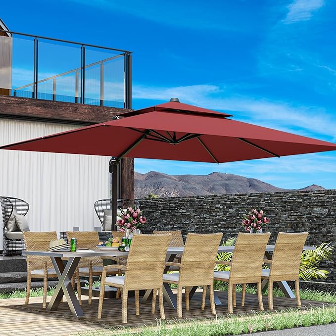 10x13FT Cantilever Outdoor Patio Umbrellas, Double Top Large Rectangle Umbrella, Heavy Duty 360° Rotation Offset Outdoor Sun Shade Umbrella for Garden Deck Pool Backyard Patio, Red