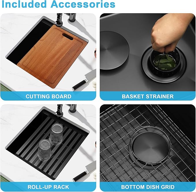 Black Bar Sink Undermount,Small Bar & Prep Sinks,16 Gauge Stainless Steel Bar Sink with Workstation for Wet Bar Area,Special Offset Drain Design (16" X 18")