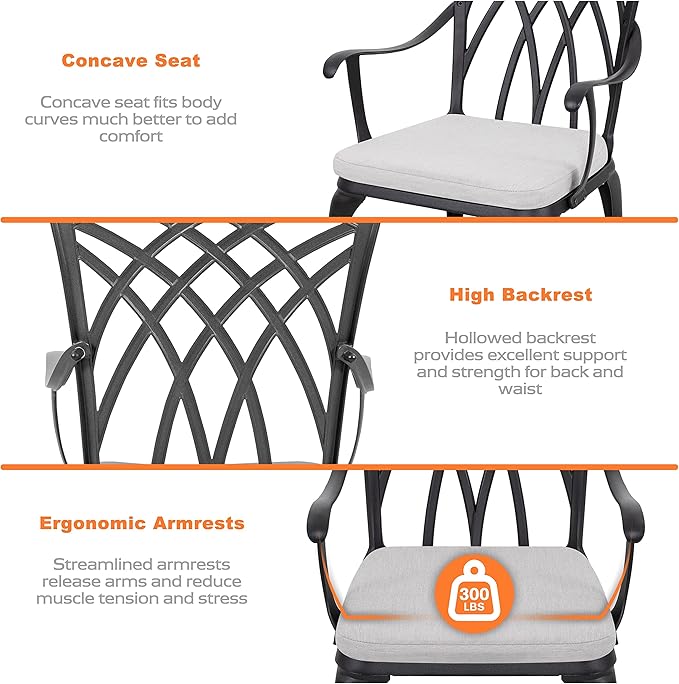 NUU GARDEN 3 Piece Bistro Table Set Cast Aluminum Outdoor Patio Furniture with Umbrella Hole and Grey Cushions for Patio Balcony, Black