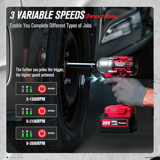 AVID POWER 1/2 Impact Wrench Brushless, 20V Cordless Impact Gun w/ 3 Variable Speeds, Max Torque 370ft-lbs (500N.m), 3.0Ah Li-ion Battery, 4Pcs Impact Sockets, Fast Charger