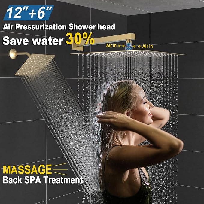 Enga Thermostatic Dual Shower System, 12"+6" Wall Mount Dual Rain Shower Faucet, All Functions Use Together & Volume Adjustable, Brushed Gold