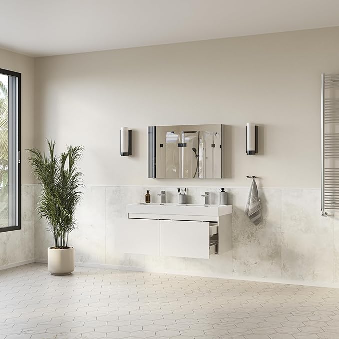 Fresca Mezzo 48 Inch White Wall Mount Modern Double Bathroom Vanity and Medicine Cabinet - Includes Double Integrated Sinks with 4 Soft-Closing Hidden Drawers - Faucets Sold Separately