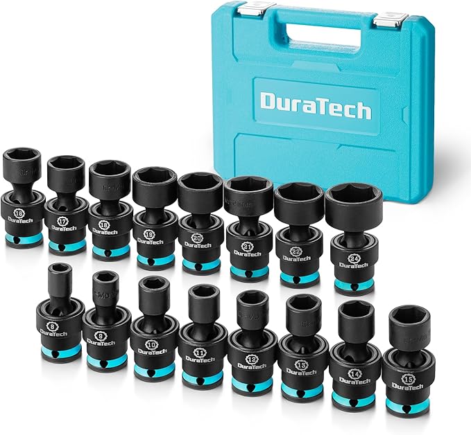 DURATECH 3/8" Drive Impact Swivel Socket Set, 16 Pieces Shallow Universal Impact Socket Set with Flexible Wobble, Metric, Cr-Mo Steel, 6 Points, Organized in Sturdy Storage Case(8-24mm)