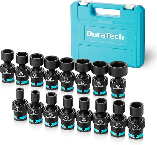 DURATECH 3/8" Drive Impact Swivel Socket Set, 16 Pieces Shallow Universal Impact Socket Set with Flexible Wobble, Metric, Cr-Mo Steel, 6 Points, Organized in Sturdy Storage Case(8-24mm)